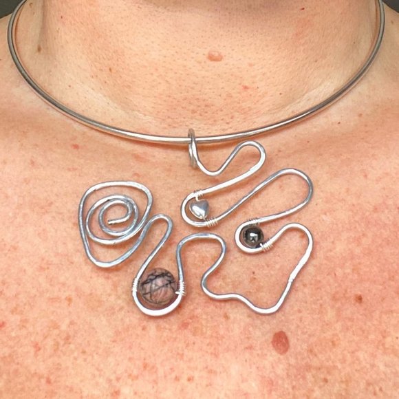 Artisan Hammered Stainless Steel Swirl Pendant with Rhodonite and Hematite Beads - Picture 2 of 8